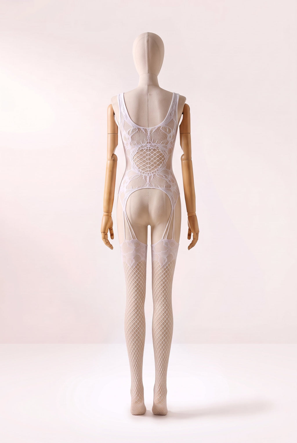 Bodystocking Branco de Arrastão e Renda Floral Deja