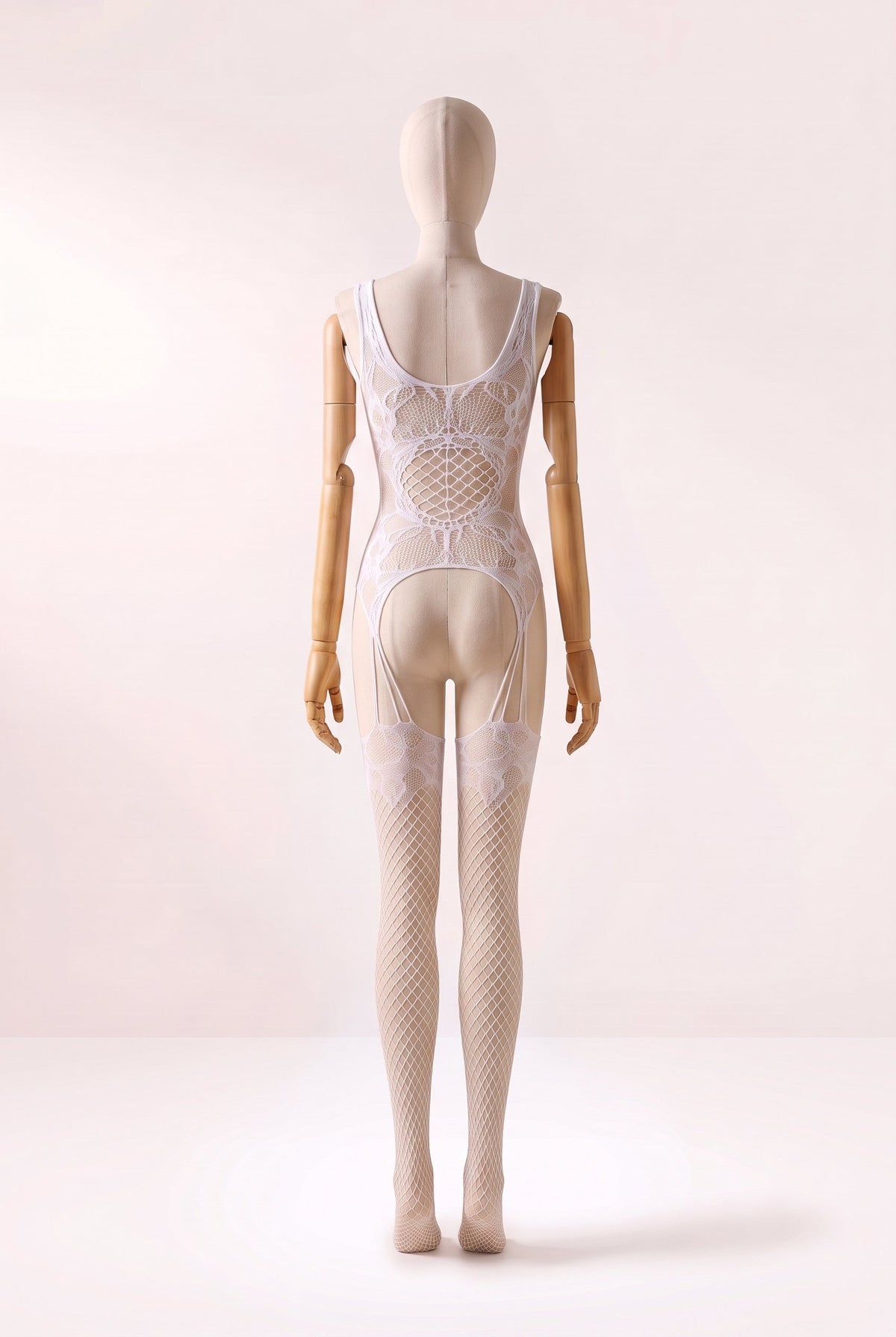 Bodystocking Branco de Arrastão e Renda Floral Deja