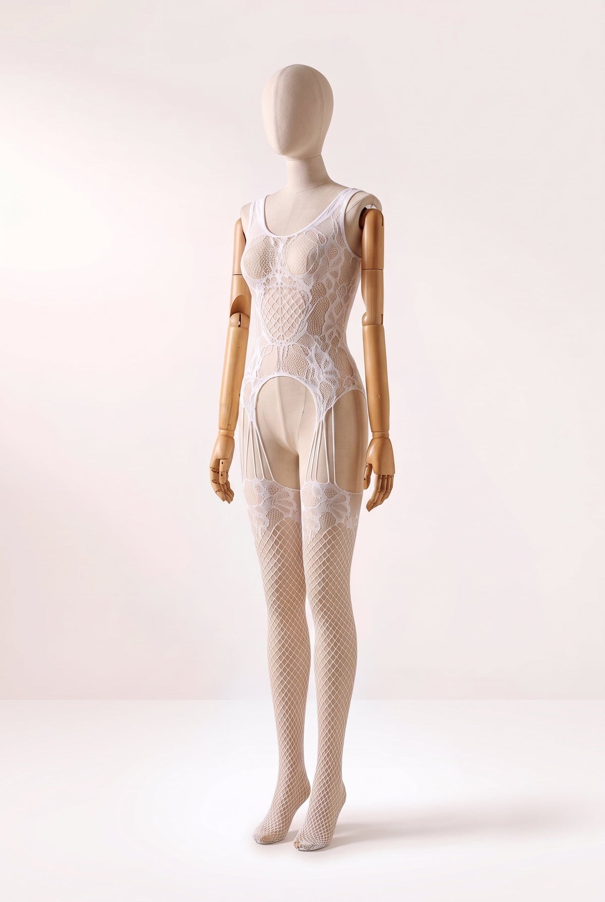 Bodystocking Branco de Arrastão e Renda Floral Deja