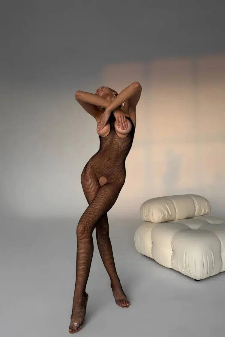 Bodystocking Micro Arrastão com Choker de Renda Lola